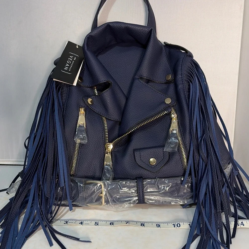 Le Miel Navy Blue Vegan Leather Moto Jacket Fringe Backpack Gold Hardware NWT